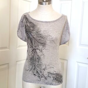 VINTAGE Gray Gold Knit Top Tshirt Draped Cutout Back Metallic Feather Glam